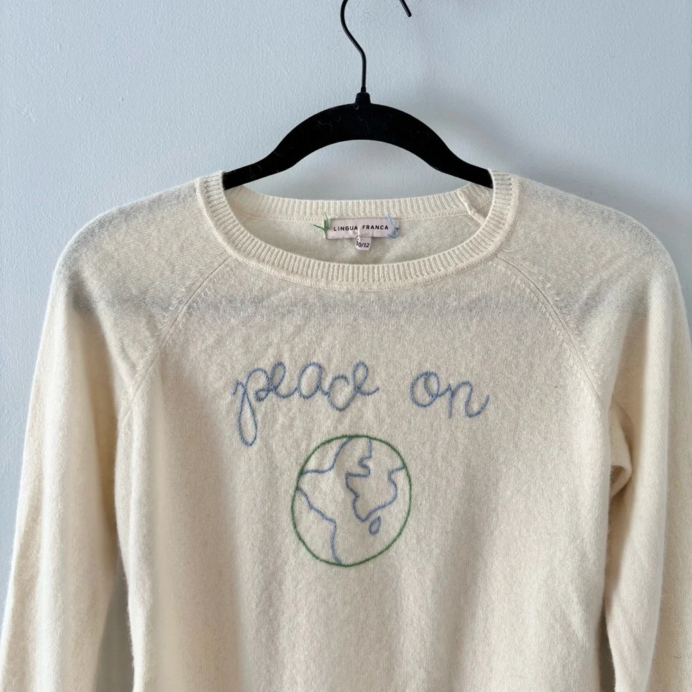 Lingua Franca Peace on Earth Kids Cashmere Crew Sweater Hand Embroidered Ivory